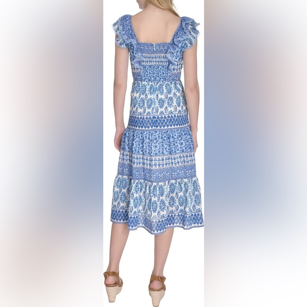 Eliza J Smocked Tiered Ruffle Sleeve Midi Dress NEW - Picture 2 of 11